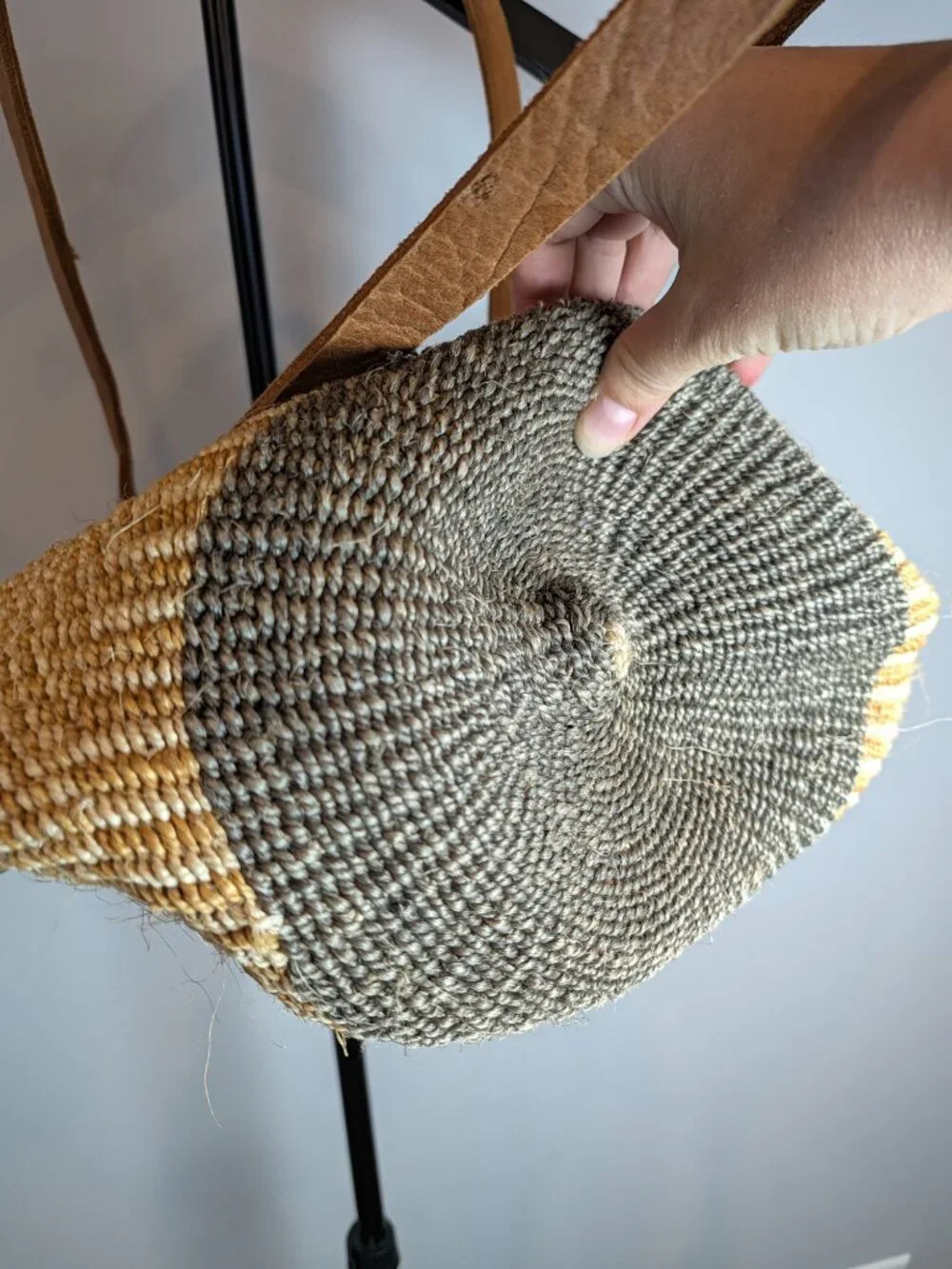 Vintage Sisal Market Bag African Boho Jute Striped Leather Straps Bucket Tote